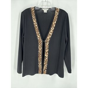 Exclusively Misook Black Cardigan Sweater With Leopard Print Ruffle Accents‎ L